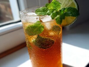 Close-up of a tall, sweating glass filled with cold Mojito Iced Tea, garnished with fresh mint sprigs and a lime wheel.