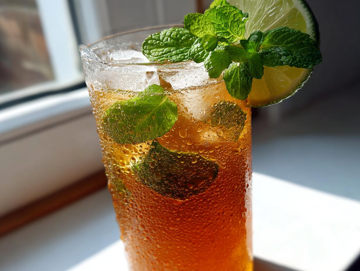 Close-up of a tall, sweating glass filled with cold Mojito Iced Tea, garnished with fresh mint sprigs and a lime wheel.