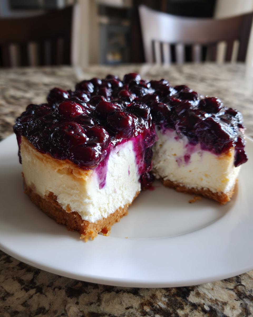 A slice cut from a No-bake blueberry cheesecake topped with rich, dark blueberry compote, sitting on a white plate.