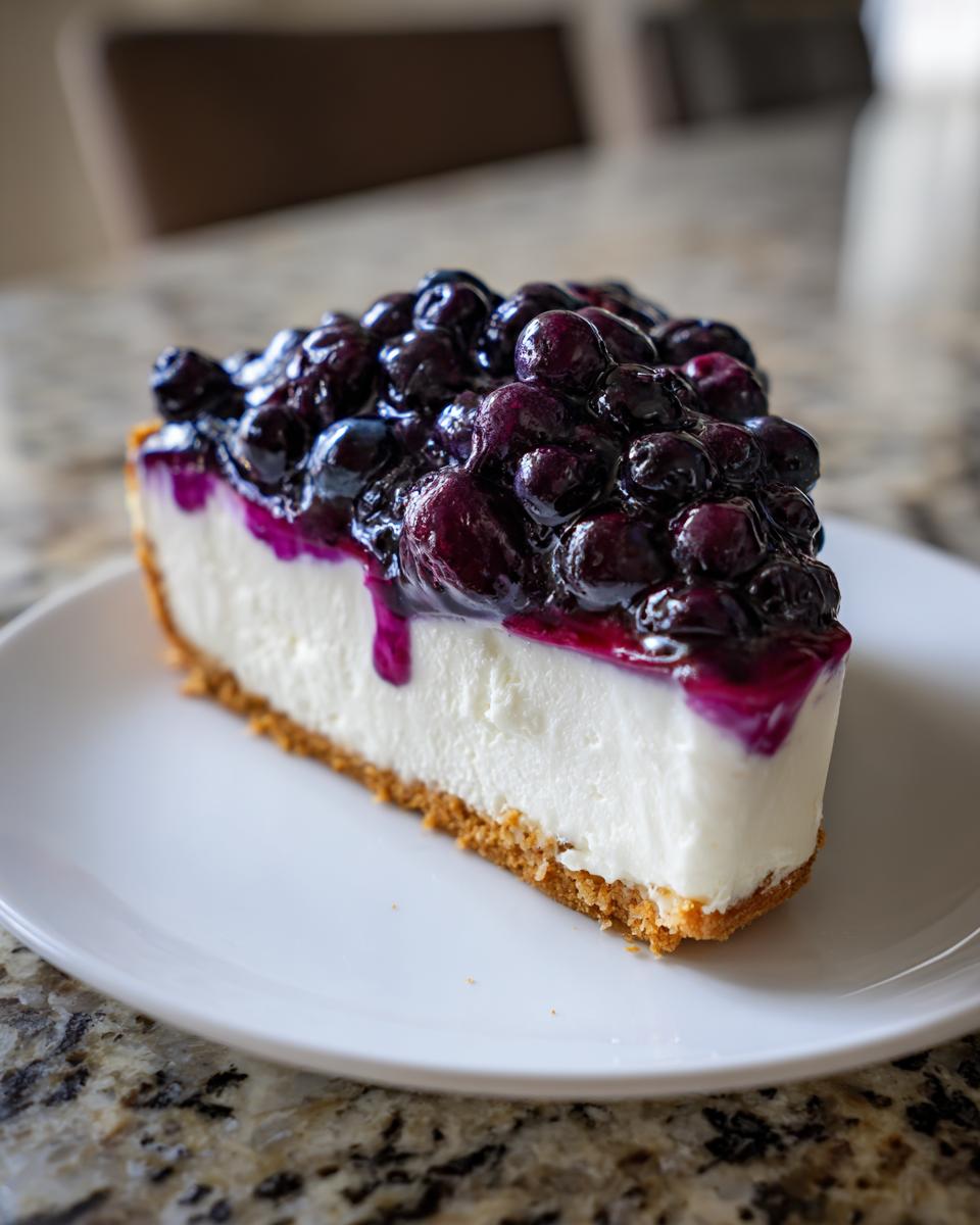 A perfect slice of No-bake blueberry cheesecake with a thick graham cracker crust and generous blueberry topping.
