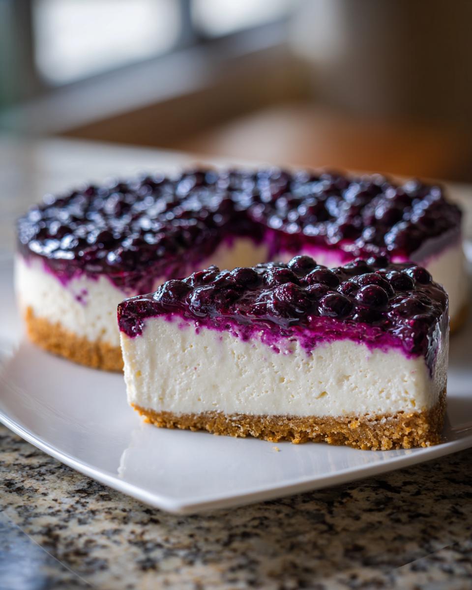 A close-up of a slice of creamy No-bake blueberry cheesecake topped with glossy blueberry compote.