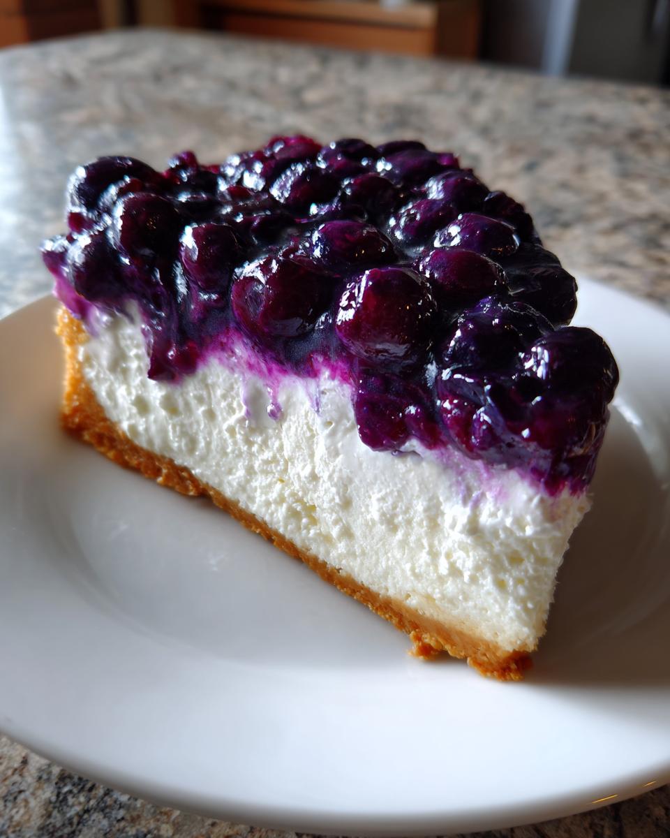A perfect slice of no-bake blueberry cheesecake showing a thick, creamy white filling and graham cracker crust topped with glossy blueberry compote.