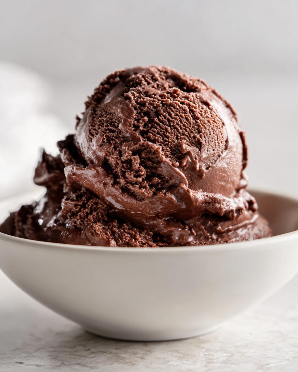 A perfect scoop of rich, dark No churn chocolate ice cream melting slightly in a white bowl.