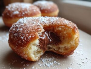 A close-up of a bite taken out of a fluffy, sugar-coated Nutella filled donut, showing the melted chocolate center.