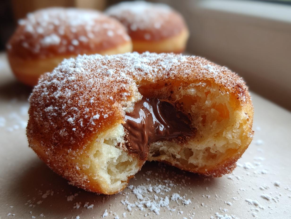 A close-up of a bite taken out of a fluffy, sugar-coated Nutella filled donut, showing the melted chocolate center.