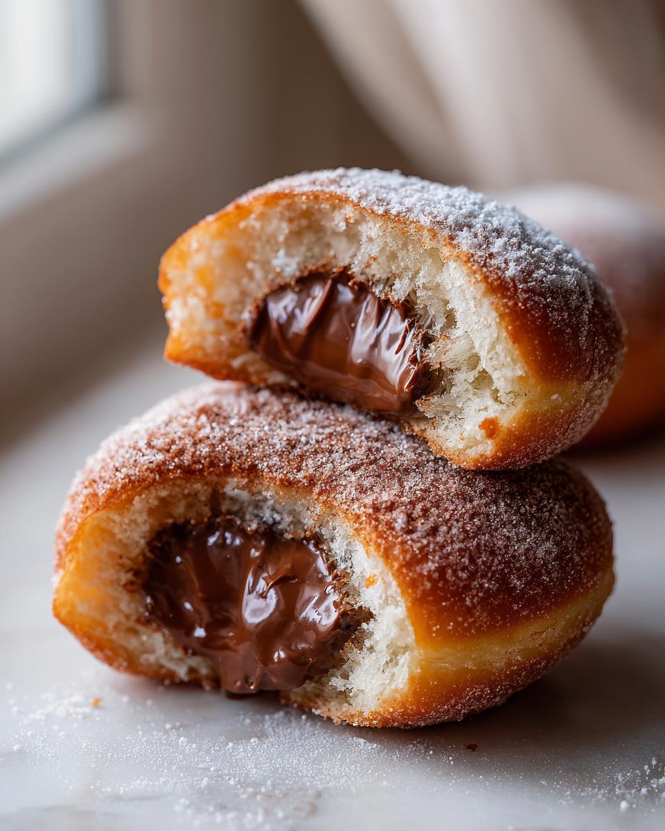 A close-up of a sugar-dusted Nutella filled donut cut in half, revealing the gooey chocolate hazelnut filling.