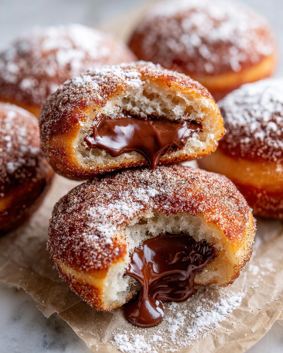 Two halves of a freshly made Nutella filled donut, showing molten chocolate oozing out, dusted with powdered sugar.