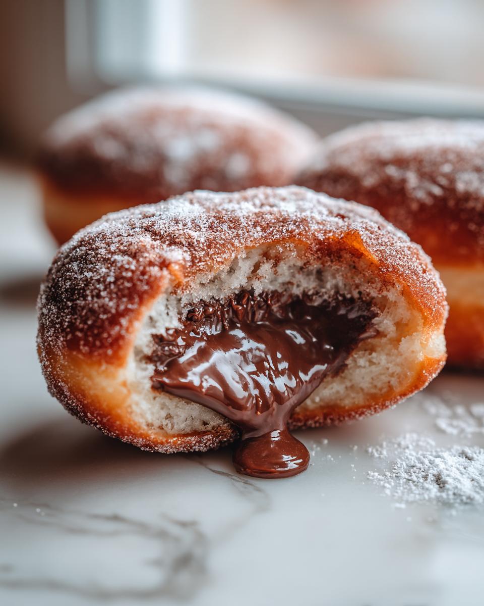 Close-up of a Nutella filled donut broken open, showing molten chocolate filling oozing out onto a marble surface.
