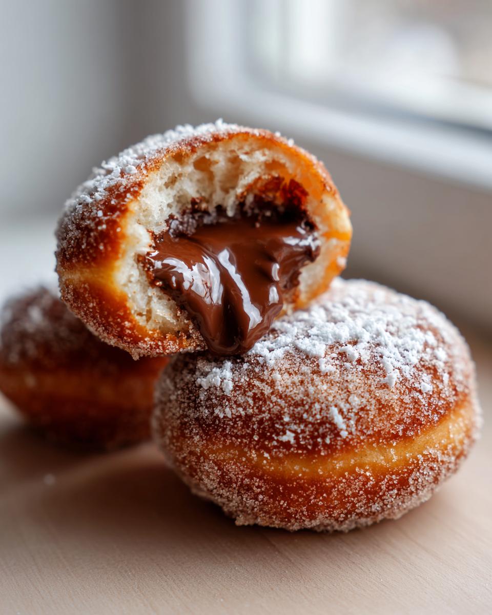 Close-up of a sugar-dusted Nutella filled donut cut open, showing molten chocolate oozing out.