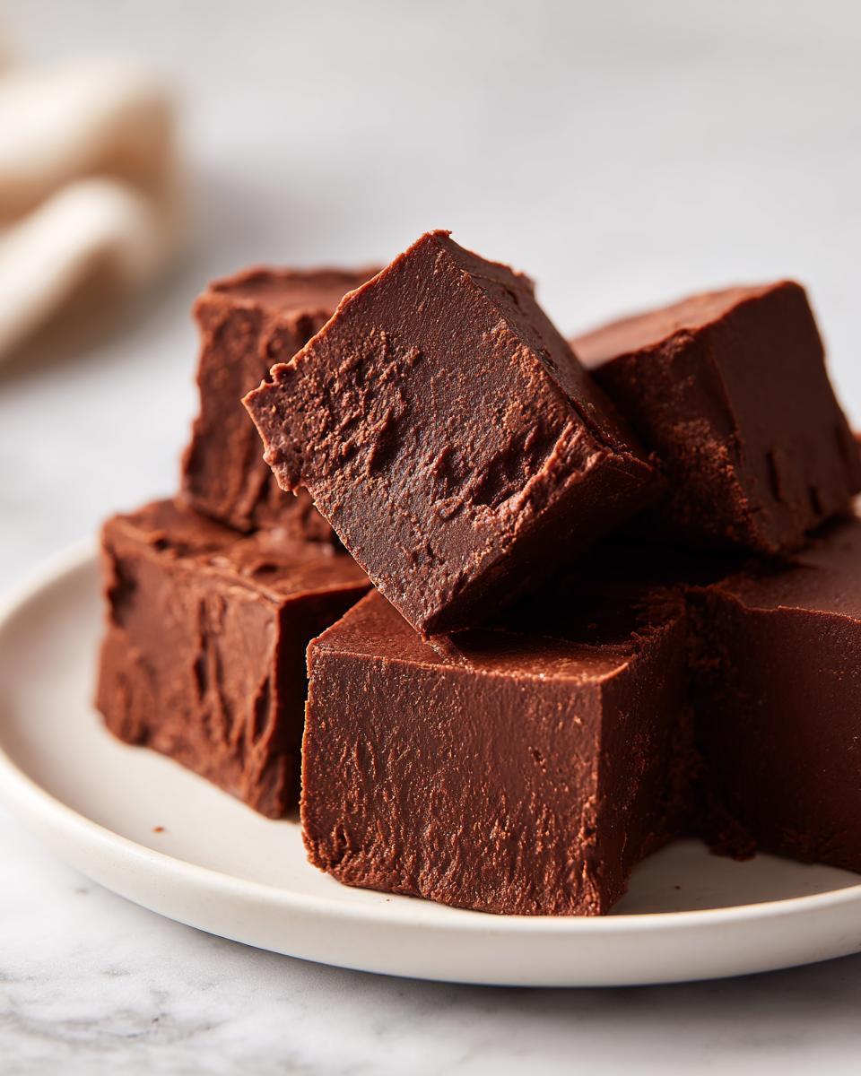 Close-up of rich, dark squares of Old fashioned chocolate fudge stacked on a white plate.