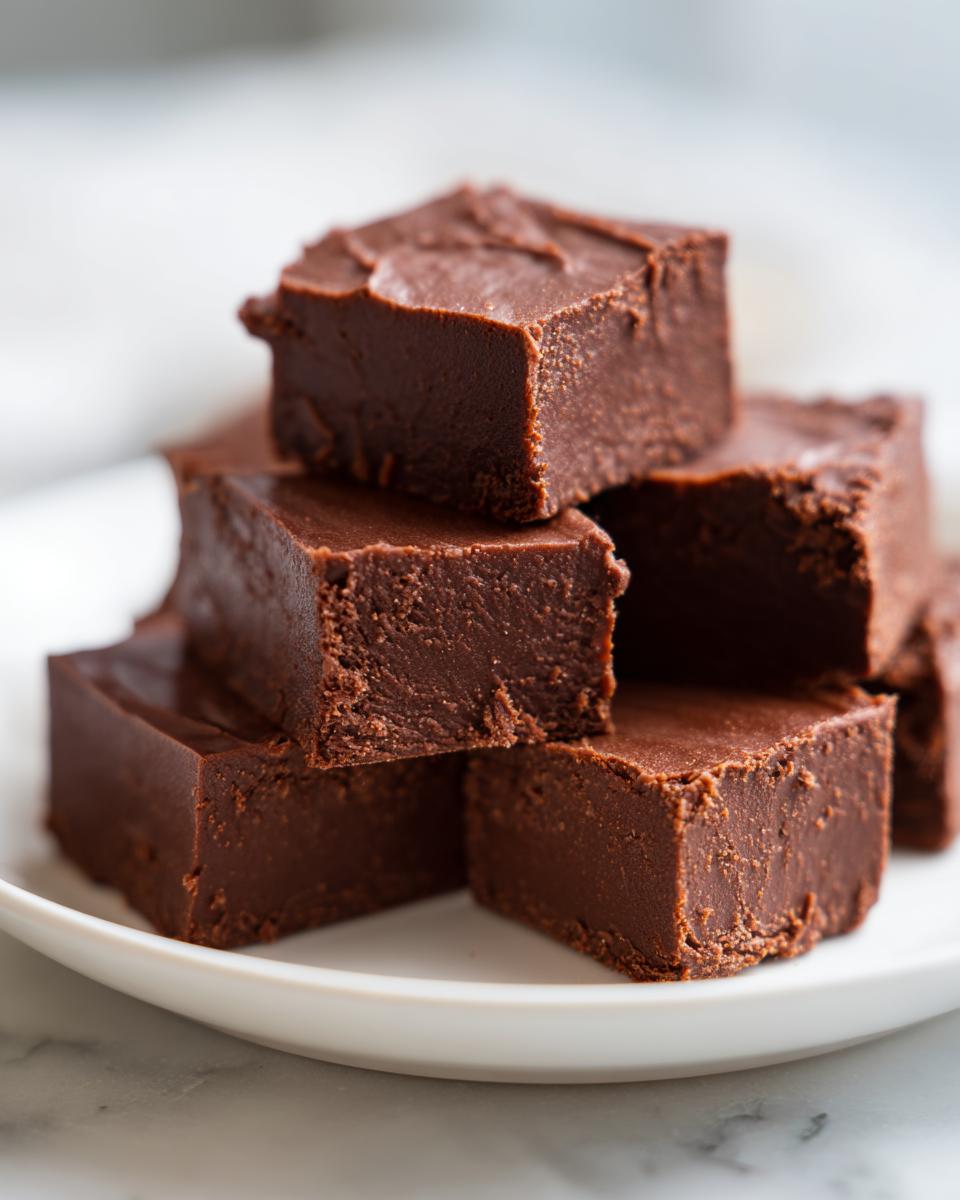 Close-up of a stack of rich, dark Old fashioned chocolate fudge squares on a white plate.