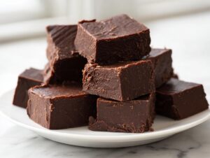 A close-up stack of rich, dark squares of Old fashioned chocolate fudge resting on a white plate.