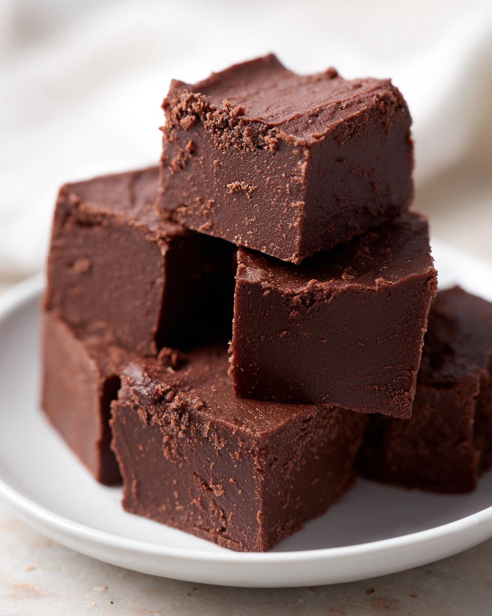 Close-up of stacked, rich, dark brown squares of old fashioned chocolate fudge on a white plate.