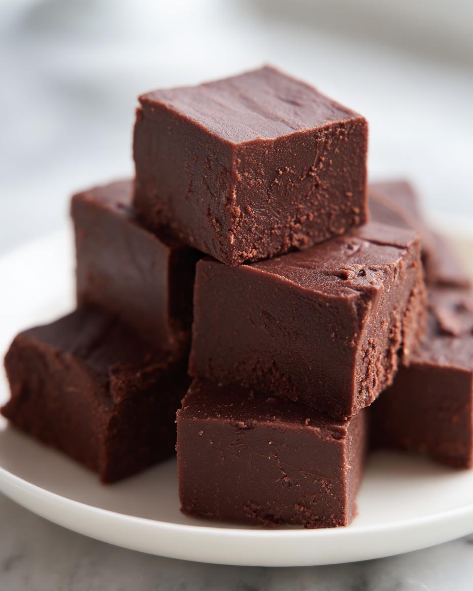 A close-up stack of rich, dark squares of old fashioned chocolate fudge resting on a white plate.