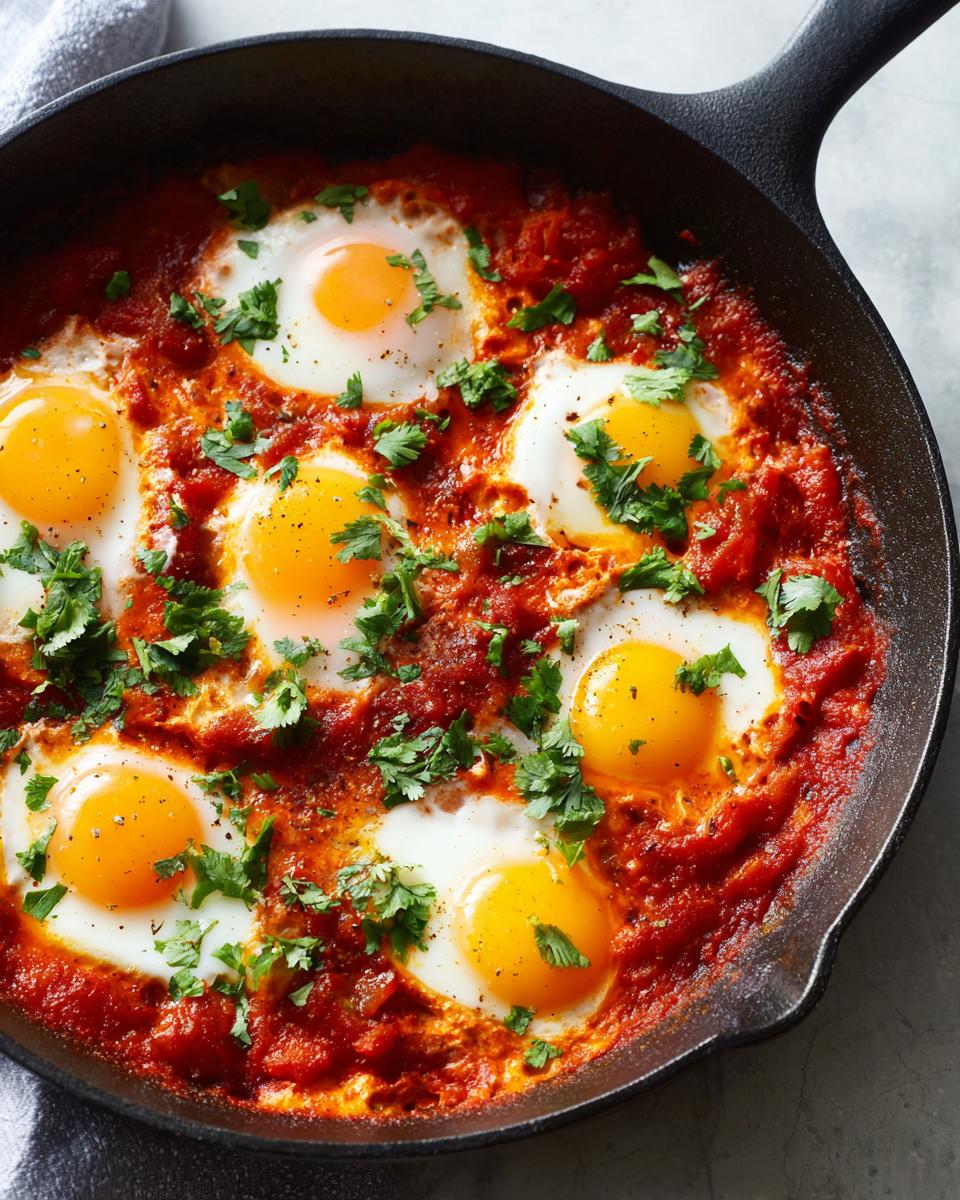 Close-up overhead view of vibrant Shakshuka with six perfectly poached eggs in a rich tomato sauce, garnished with fresh cilantro in a black cast iron skillet.