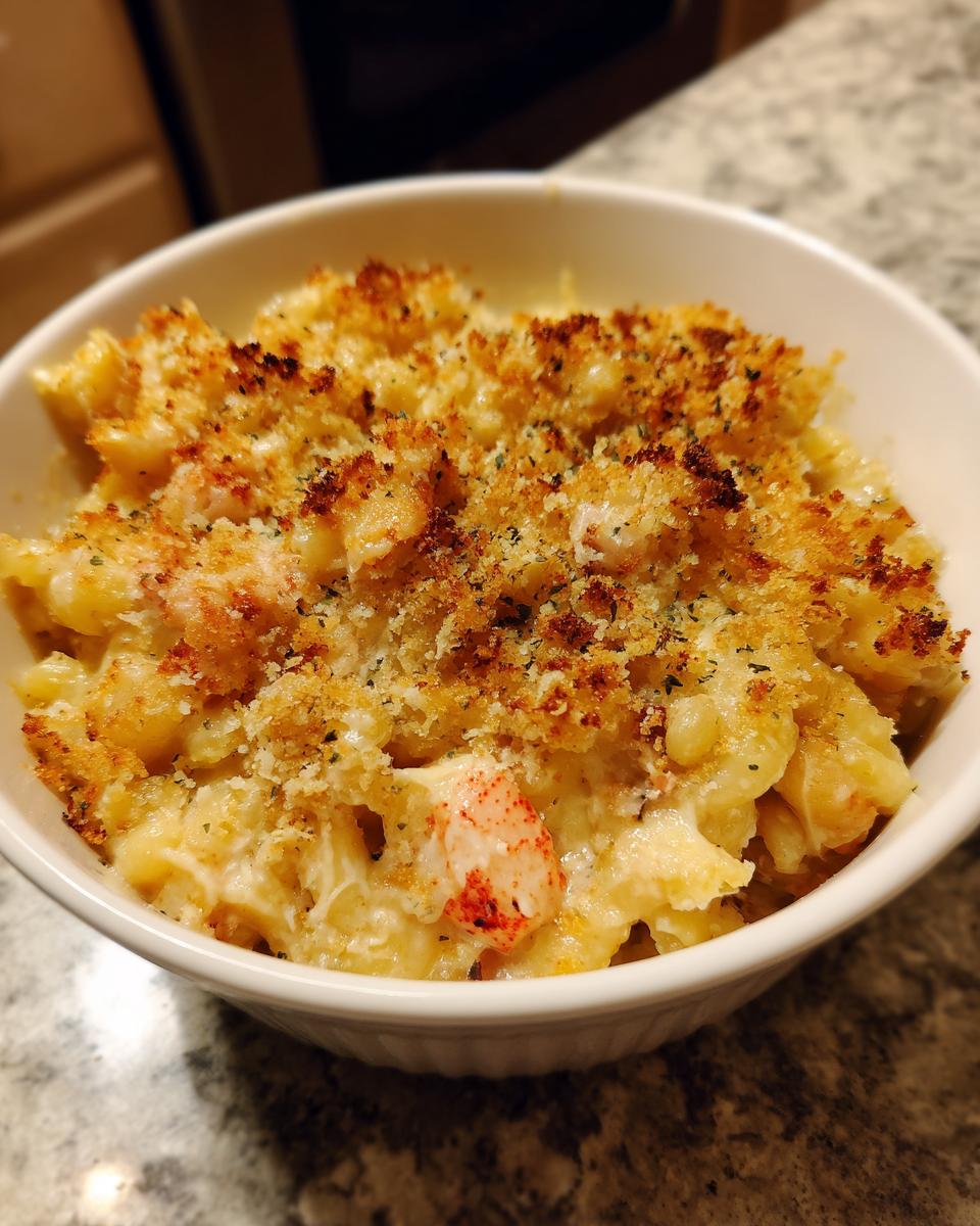 Close-up of a serving of rich Lobster mac and cheese topped with golden, crispy breadcrumbs.