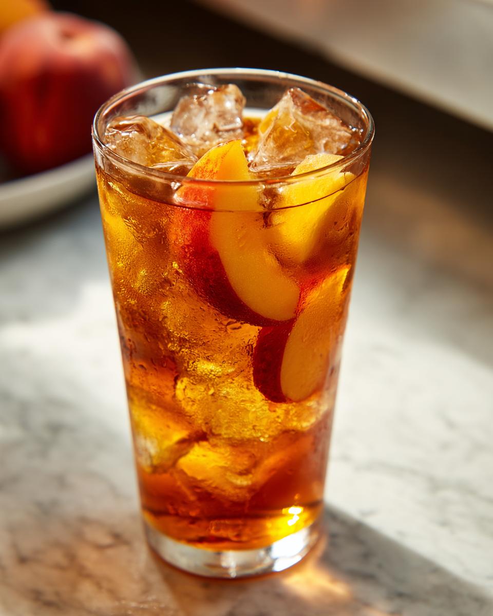 A tall, sweating glass filled with amber Peach iced tea, ice cubes, and fresh peach slices.