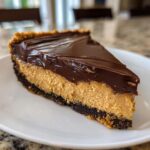 A decadent slice of peanut butter chocolate tart featuring a dark crust, thick peanut butter filling, and glossy chocolate ganache topping.