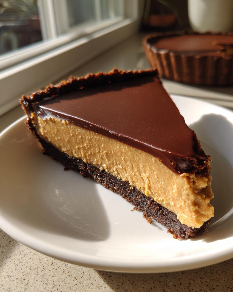 A perfect slice of Peanut butter chocolate tart showing a dark crust, thick peanut butter filling, and shiny chocolate ganache topping.
