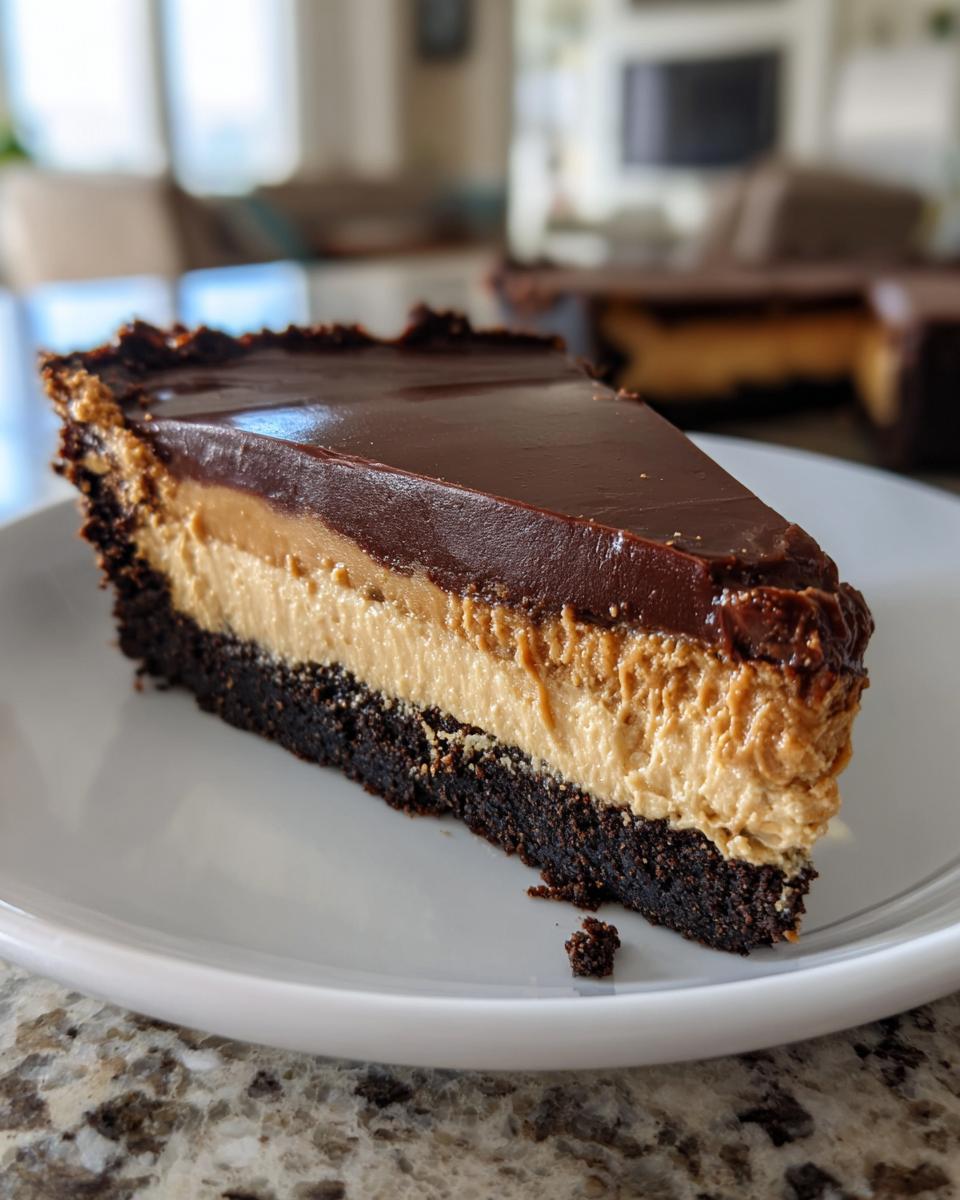 A decadent slice of peanut butter chocolate tart featuring a dark crust, creamy peanut butter filling, and glossy chocolate ganache topping.