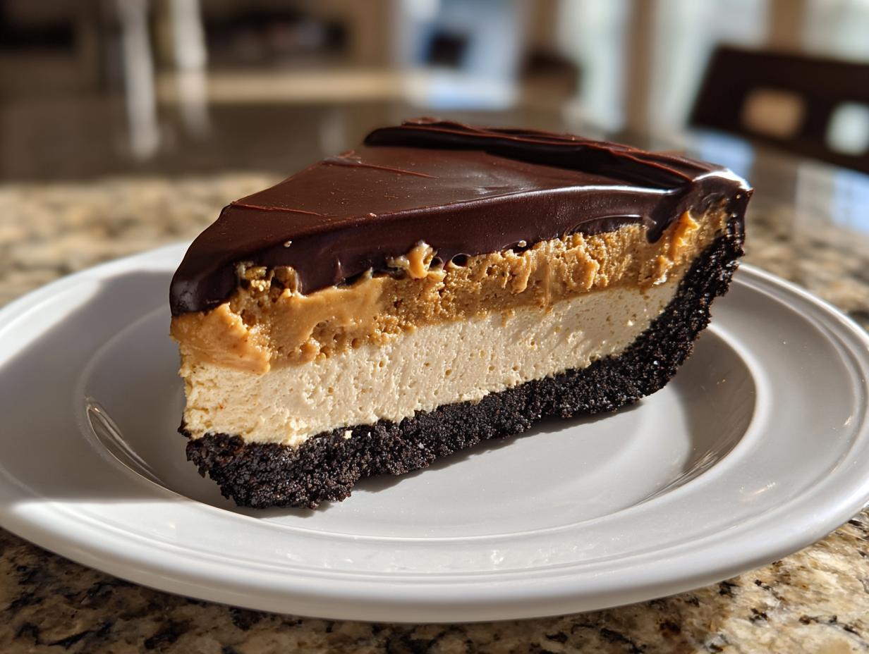 A decadent slice of peanut butter chocolate tart with a dark crust, creamy filling, peanut butter layer, and chocolate ganache topping.