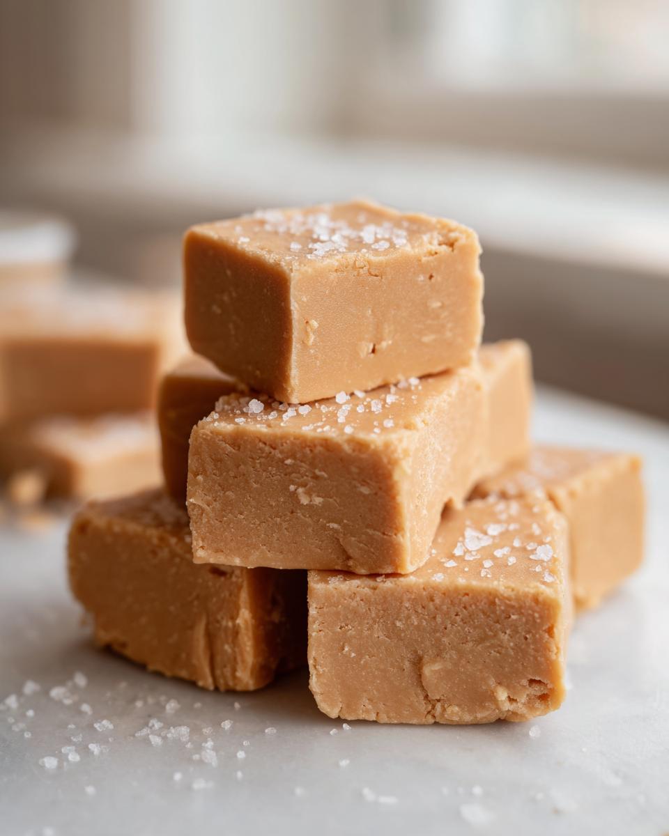 A close-up stack of creamy peanut butter fudge squares sprinkled with flaky sea salt.