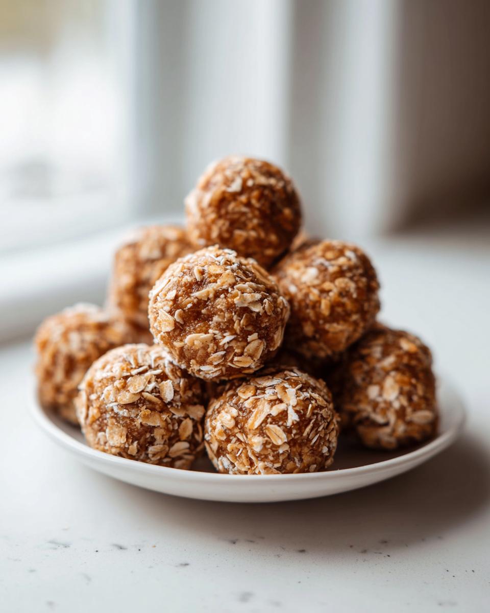 A small white plate piled high with homemade peanut butter protein balls coated in rolled oats.