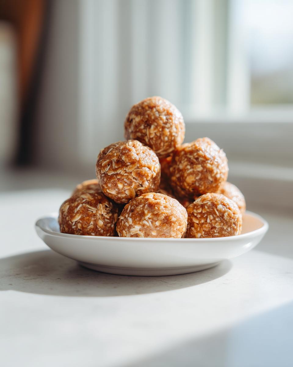 A stack of homemade peanut butter protein balls, clearly showing oats and a rich texture, served on a small white plate.