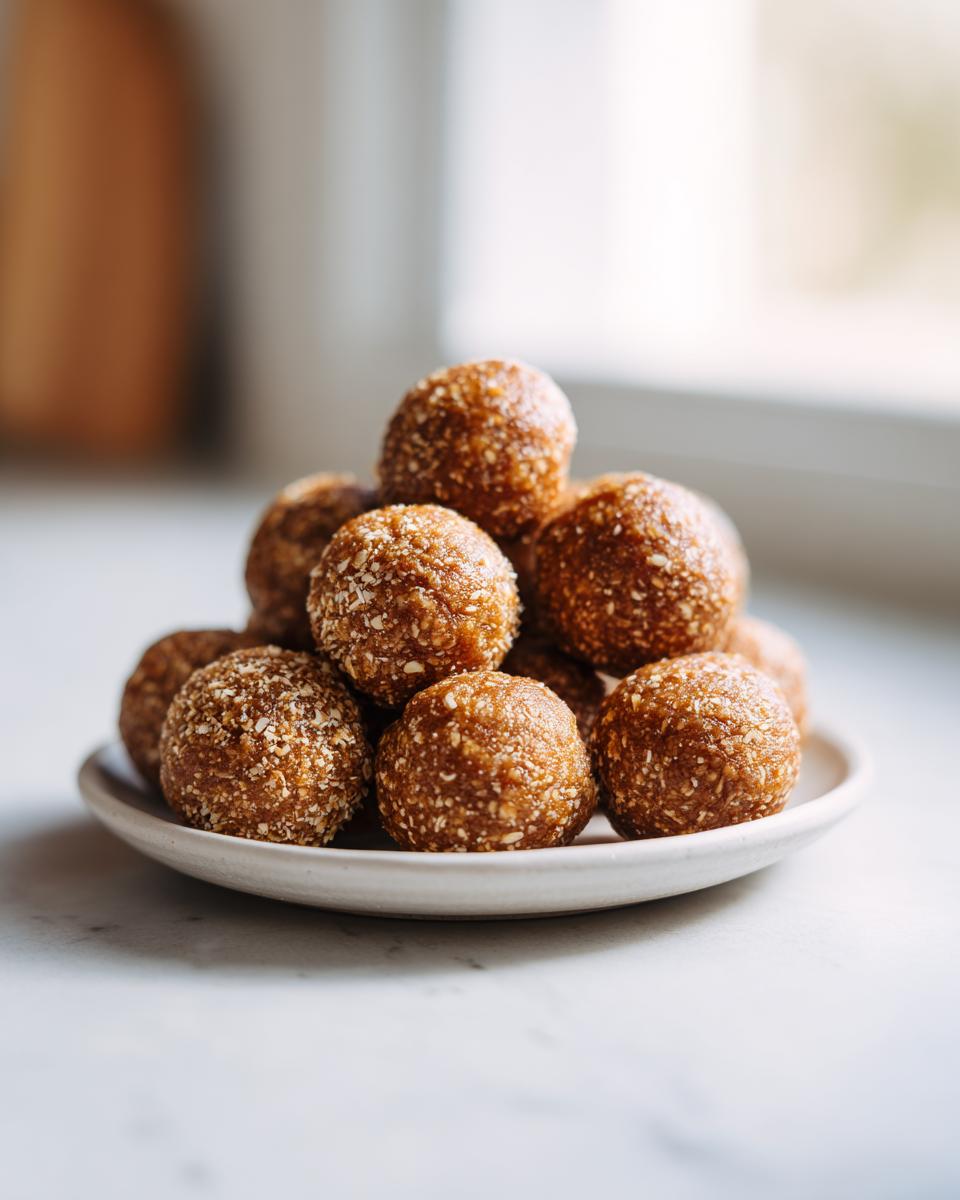 A stack of homemade peanut butter protein balls coated lightly in oats or seeds, served on a small white plate.