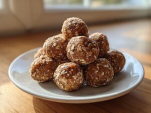 A stack of homemade peanut butter protein balls coated in visible rolled oats, resting on a small white plate.