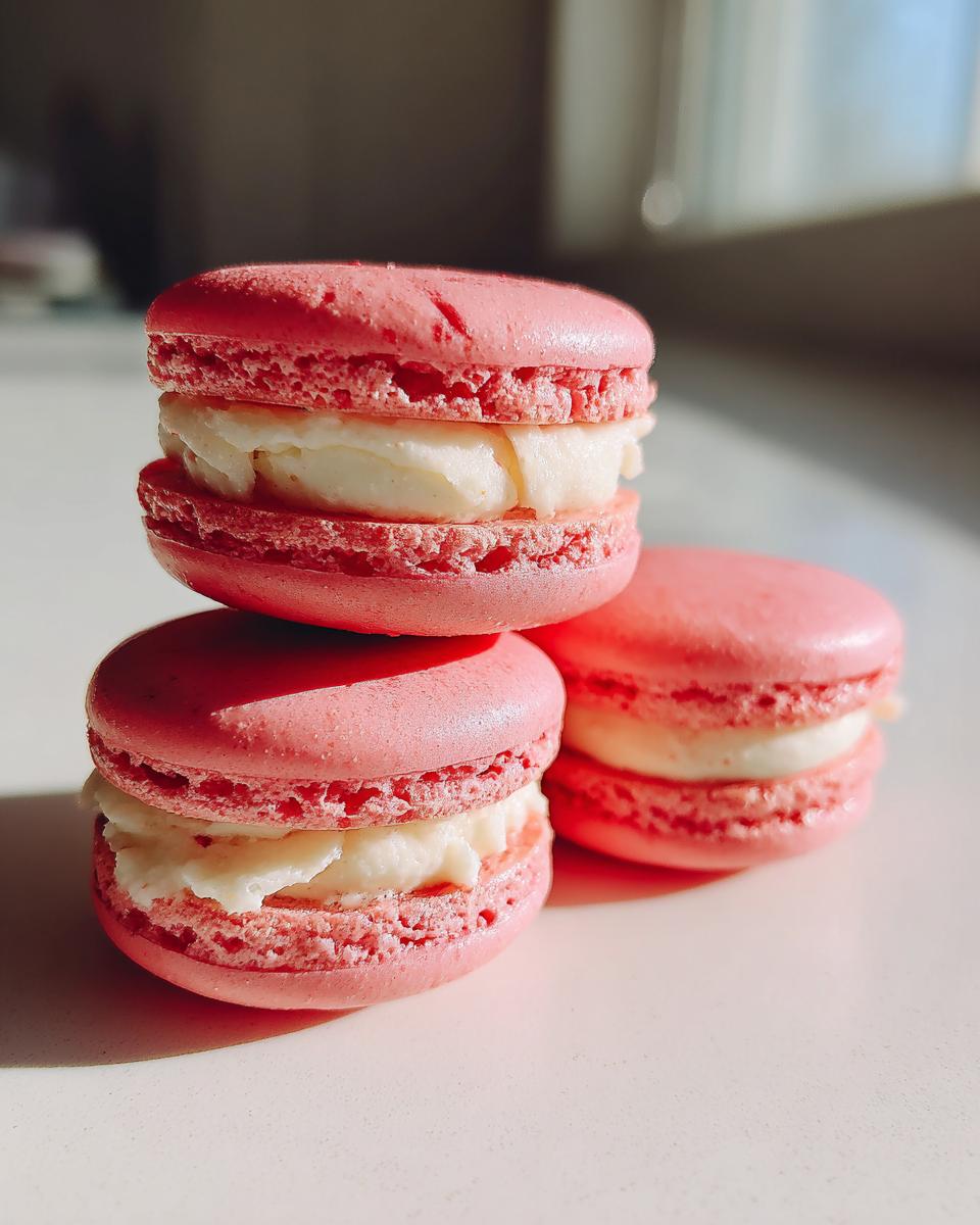 Close-up of three pink Strawberry macaroon cookies stacked, showing creamy white filling.