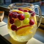 A clear pitcher filled with bubbly liquid, orange slices, green grapes, and red berries, representing Frozen grape sangria.