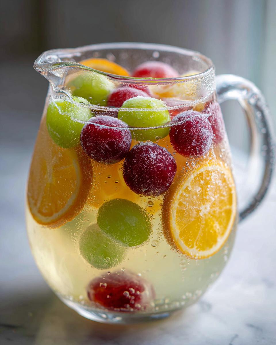 Close-up of a pitcher filled with bubbly liquid, orange slices, green grapes, and frozen red grapes for Frozen grape sangria.