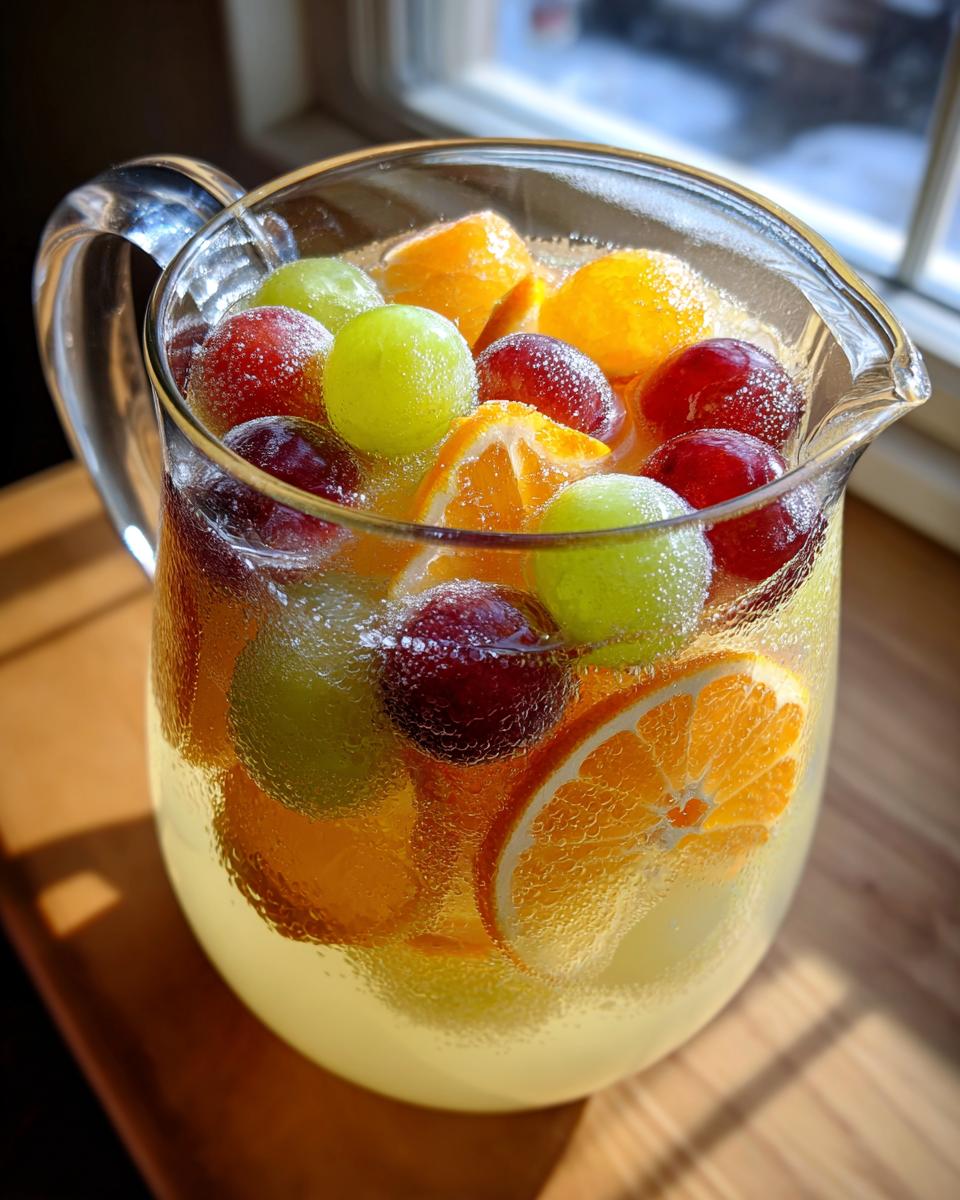 Close-up of a glass pitcher filled with chilled Frozen grape sangria, featuring red and green frozen grapes and orange slices.