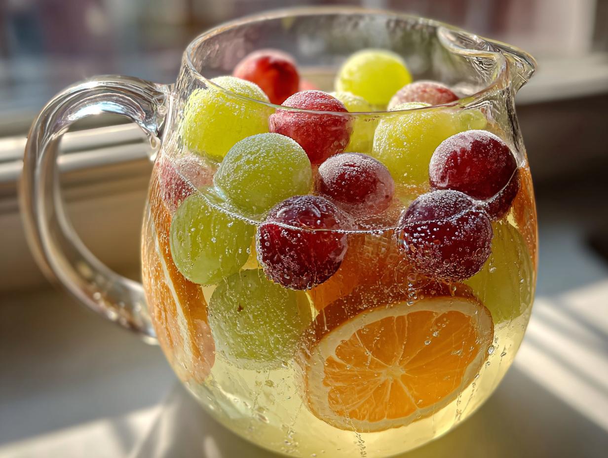 Close-up of a glass pitcher filled with sparkling liquid, orange slices, and frozen red and green grapes for frozen grape sangria.