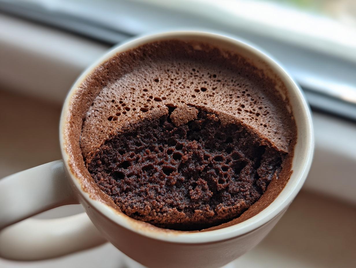 Close-up view of a freshly baked, dark chocolate Protein chocolate mug cake inside a light-colored mug.