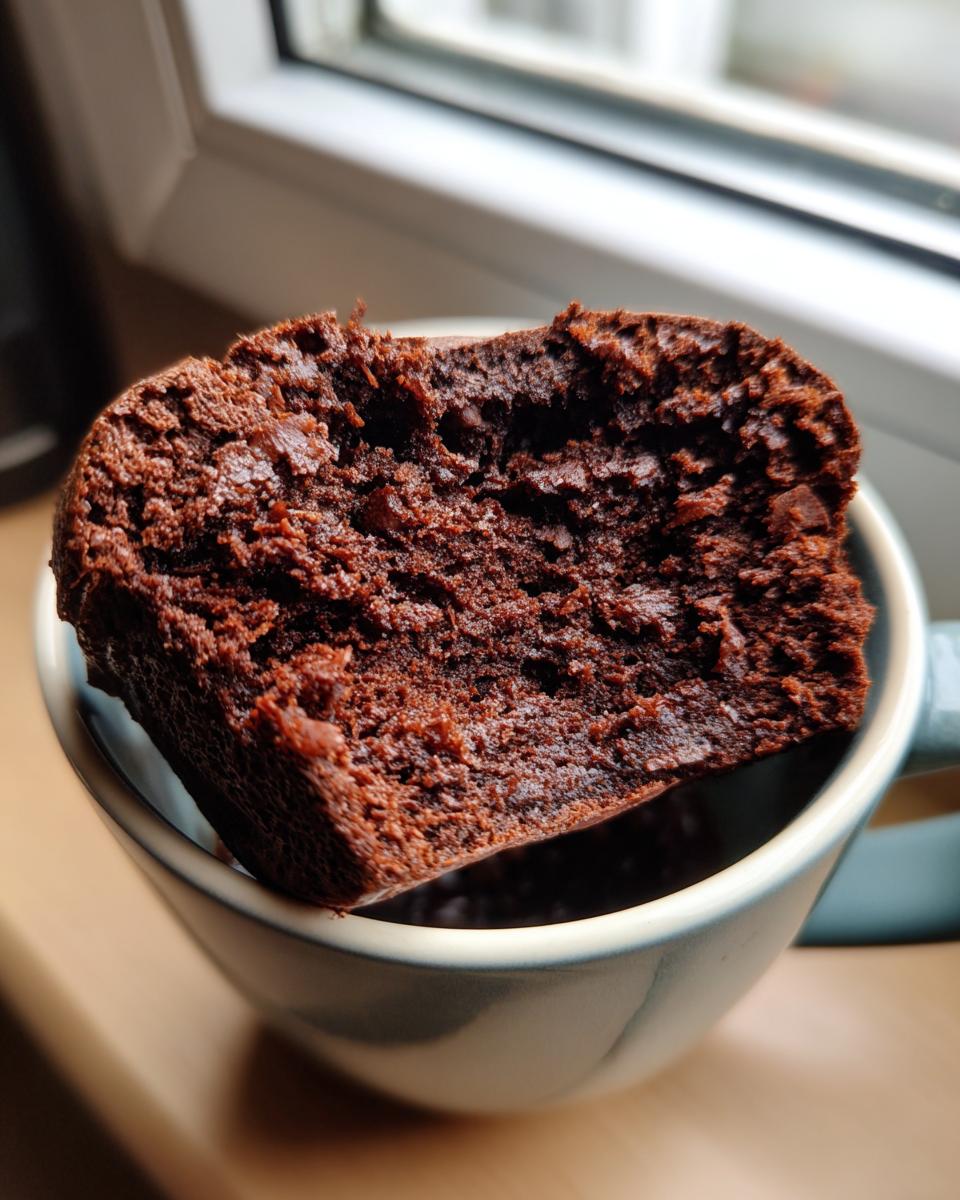 Close-up of a rich, dark cross-section of a Protein chocolate mug cake resting inside a light blue ceramic mug.
