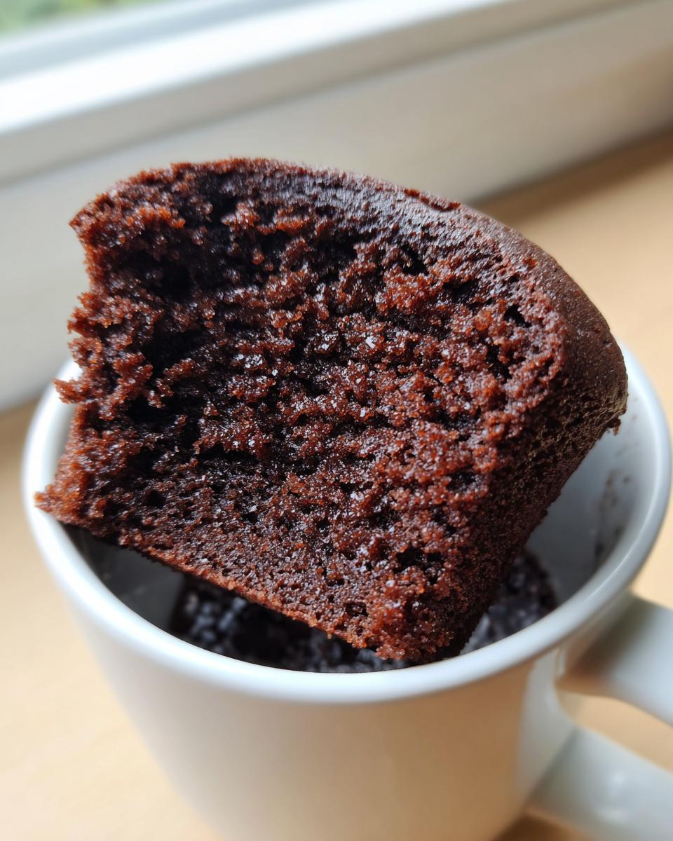 A close-up view showing the moist, dark crumb texture of a Protein chocolate mug cake lifted slightly out of a white mug.
