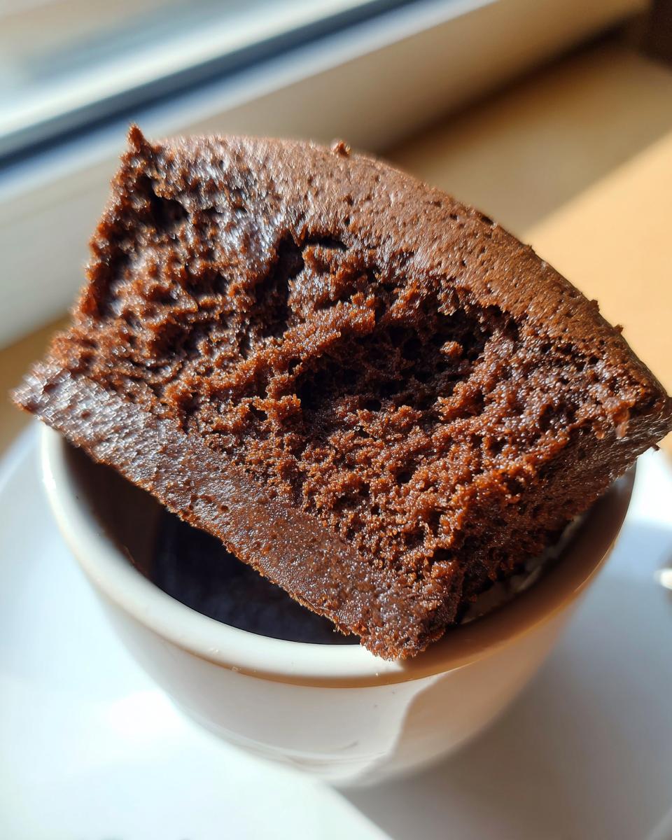 Close-up view showing the moist, airy crumb texture of a freshly made Protein chocolate mug cake served in a white mug.