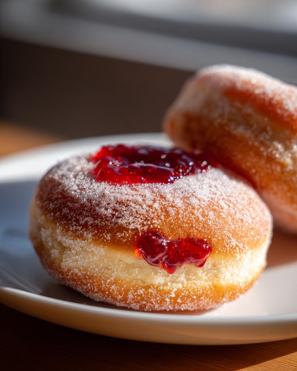 Close-up of a perfectly round raspberry jelly donut, coated in sugar, with bright red jelly visible on top.