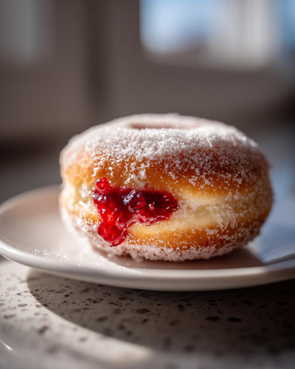 A close-up, sunlit view of a fluffy, sugar-coated raspberry jelly donut with vibrant red filling oozing out slightly.
