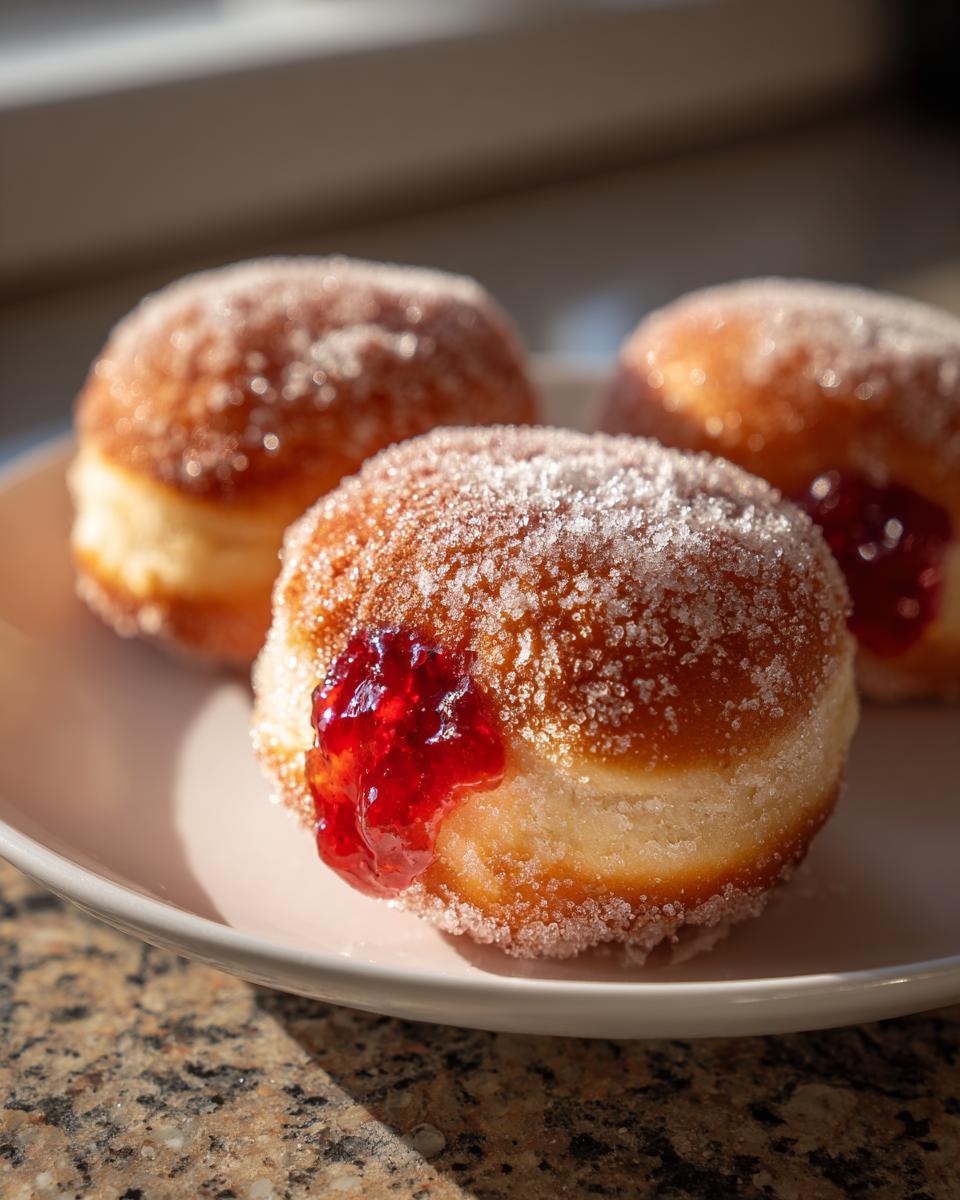 Three sugared raspberry jelly donut treats on a plate, with bright red jelly oozing out of the center one.