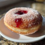 A close-up of a fluffy, sugar-coated raspberry jelly donut with visible bright red jelly filling.