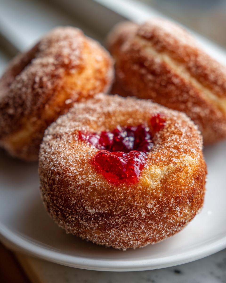 A close-up of a sugar-coated Raspberry jelly donut featuring a dollop of bright red jelly filling on top.