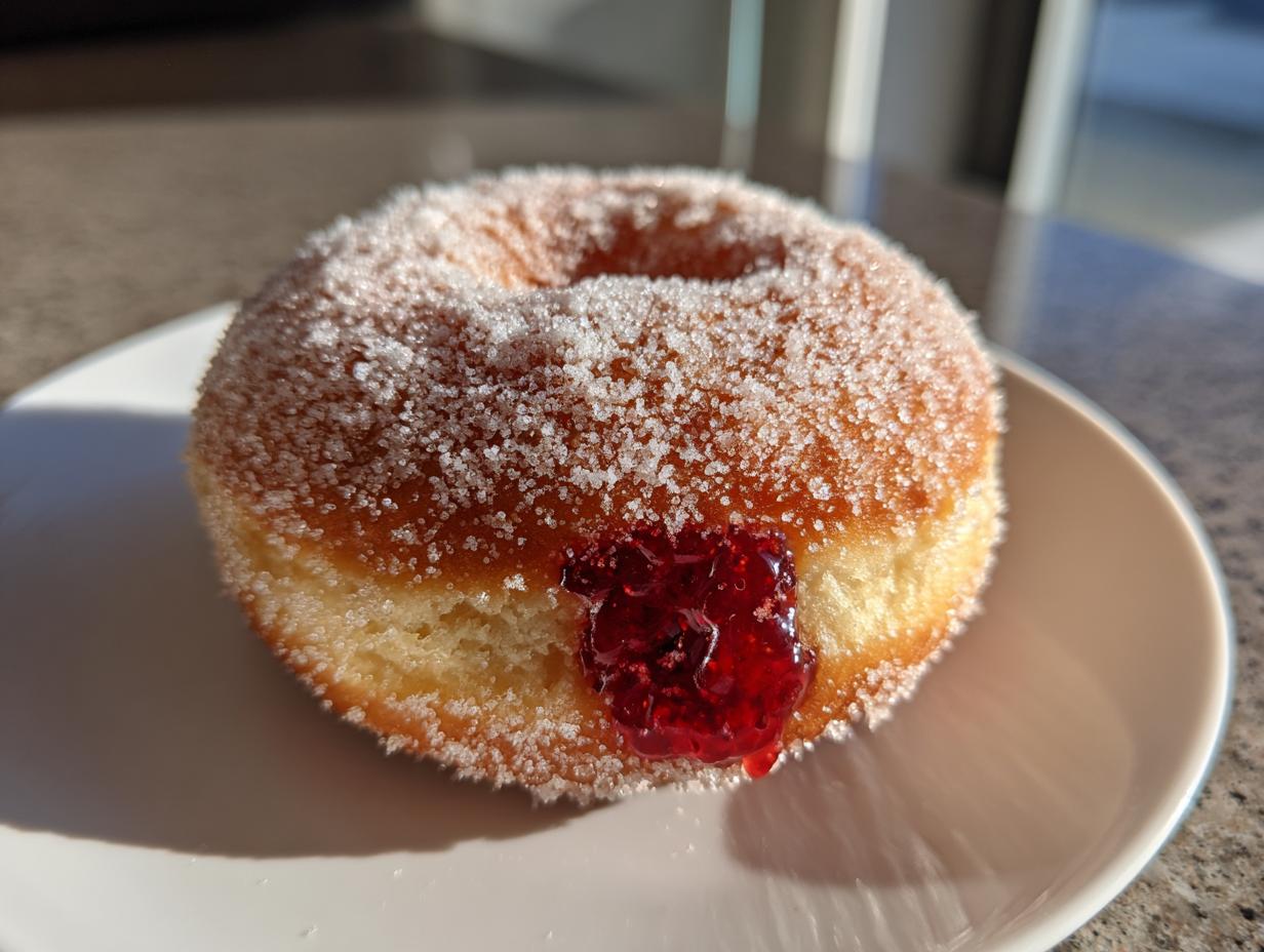 A close-up of a freshly made raspberry jelly donut, coated in sugar, with bright red filling visible.
