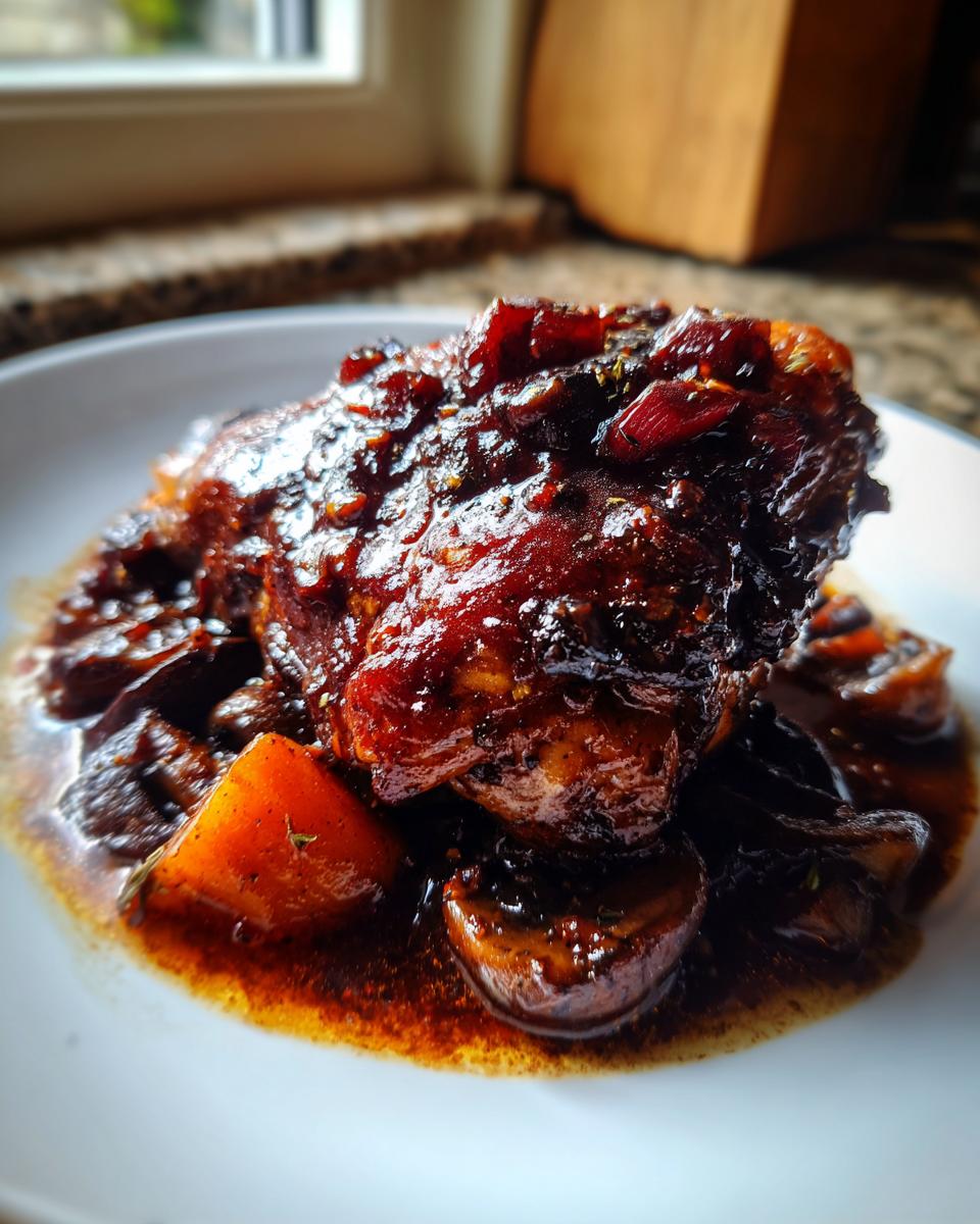 A close-up of a piece of Red Wine Braised Chicken covered in a dark, glossy sauce with mushrooms and carrots.