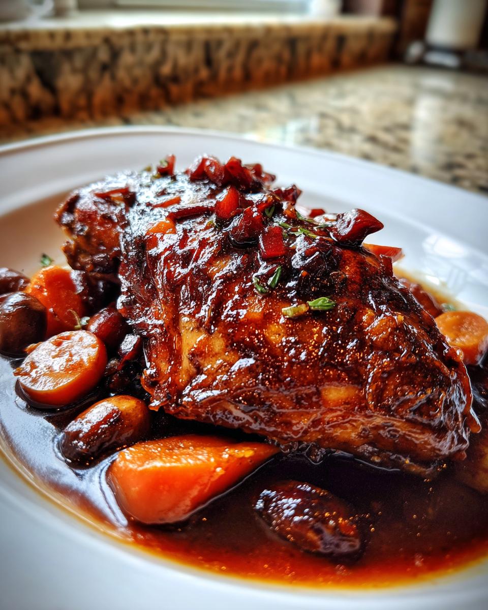 Close-up of a piece of Red wine braised chicken coated in a rich, dark glaze, served with carrots and sauce.