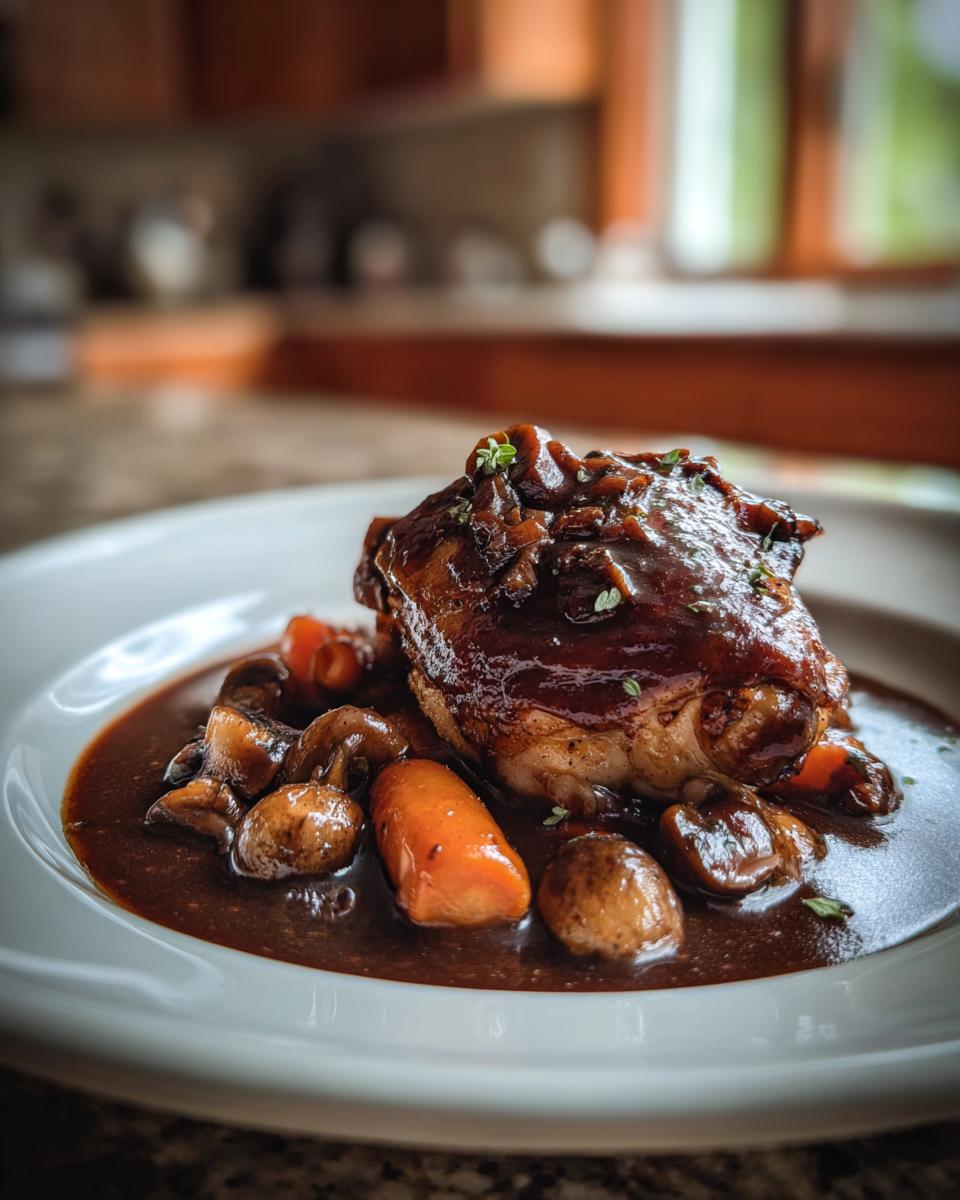 A close-up of tender Red Wine Braised Chicken served with carrots and mushrooms in a rich, dark sauce.