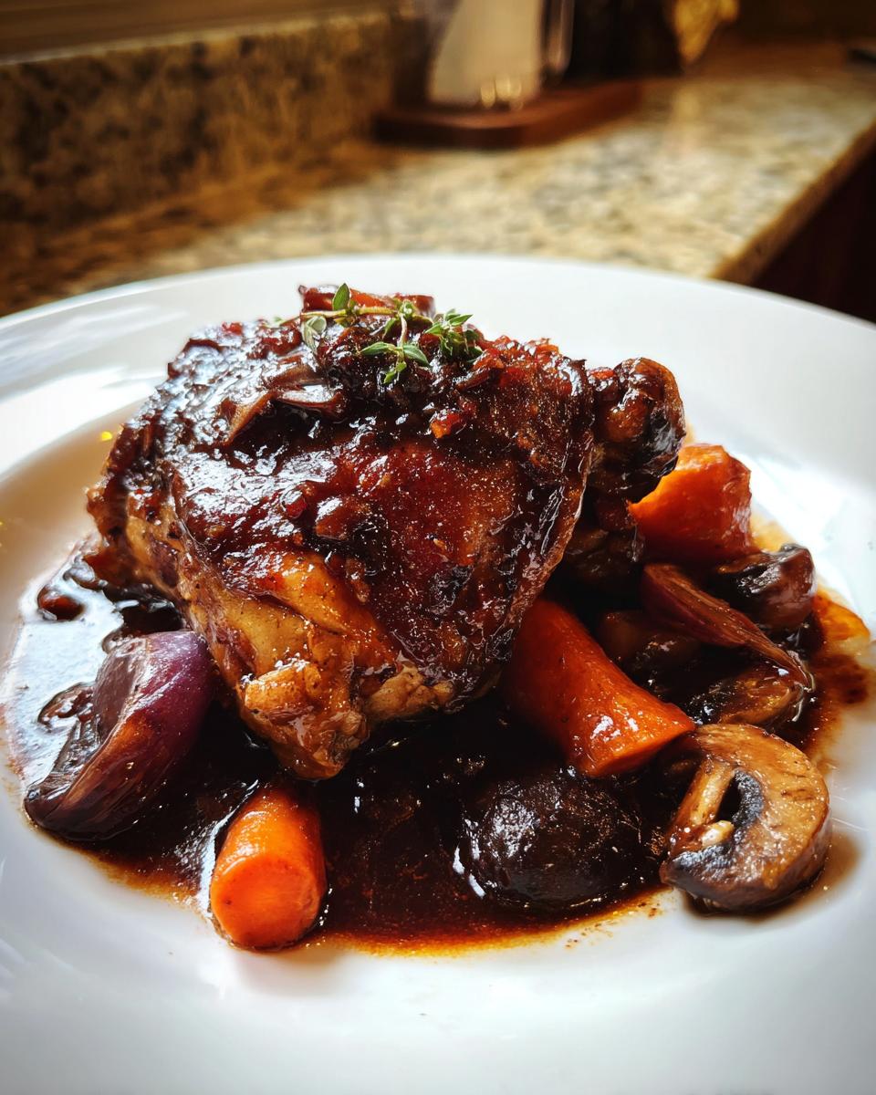 A serving of rich Red Wine Braised Chicken coated in dark sauce, served with carrots and mushrooms.
