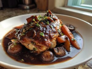 A serving of Red wine braised chicken smothered in dark sauce, surrounded by mushrooms and carrots, garnished with thyme.